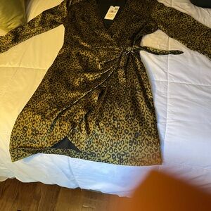 Elegant Leopard Print, wrap, Long Sleeve Dress, olive greenish gold and black